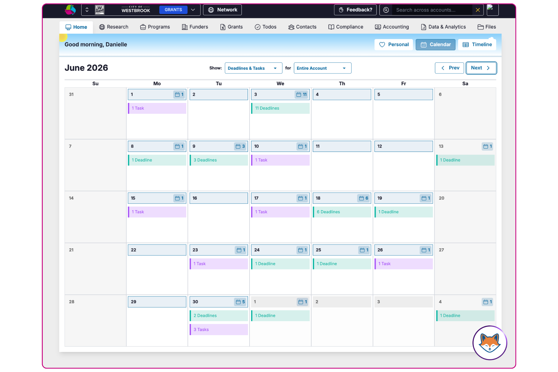 Fluxx grant calendar view showing deadlines, tasks, and scheduled activities across grants for coordinated execution and accountability