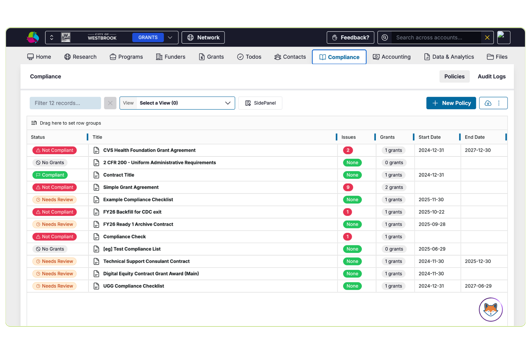 Fluxx grant compliance dashboard showing audit readiness tracking, policy management, and compliance status across active grants